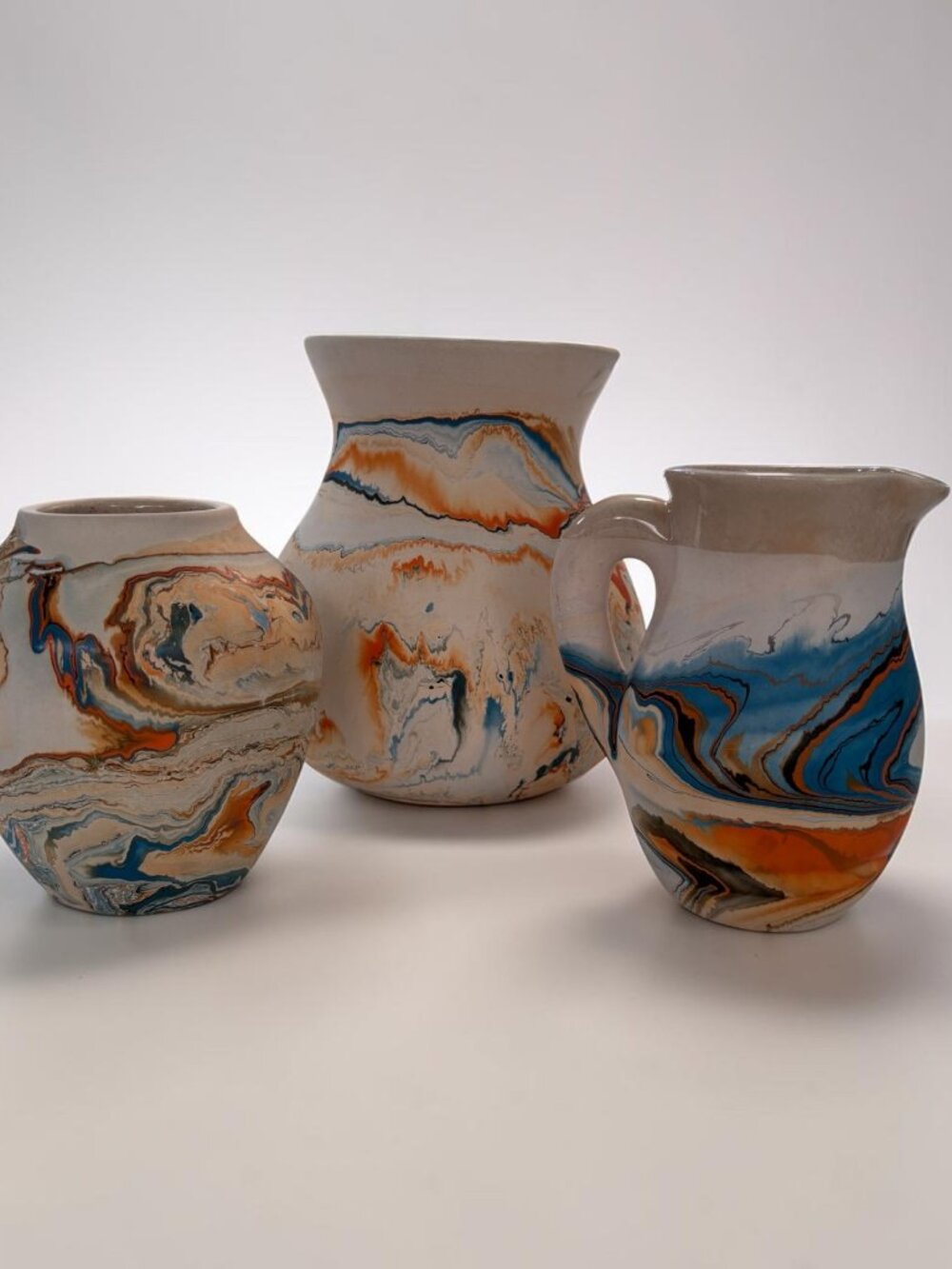 Vintage Nemadji USA Pottery Set 3 Swirl Marbled Vase Pitcher Boho MCM Decor